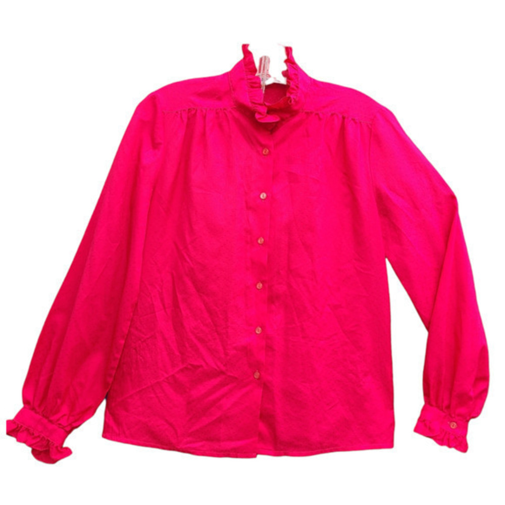 Vintage 70s Lady Manhattan‎ Pink Red Damask Ruffle Cuffs Collar Button Blouse